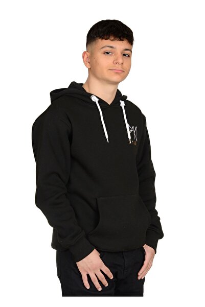 Unisex Baskılı Kapişonlu Şardonlu Kanguru Cepli Siyah Oversize Sweatshirt