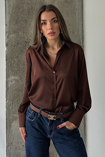 VAGGON Women's Brown Oversize Basic Satin Shirt Vs01304