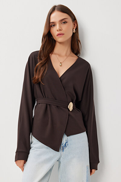Lovelyİstanbul Double-Breasted Collar Belted Knitted Blouse Lfw0014 Brown