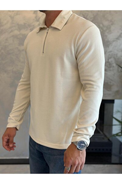 ECARTS Men's Zipper Detailed Corduroy Sweater Stone Eca032