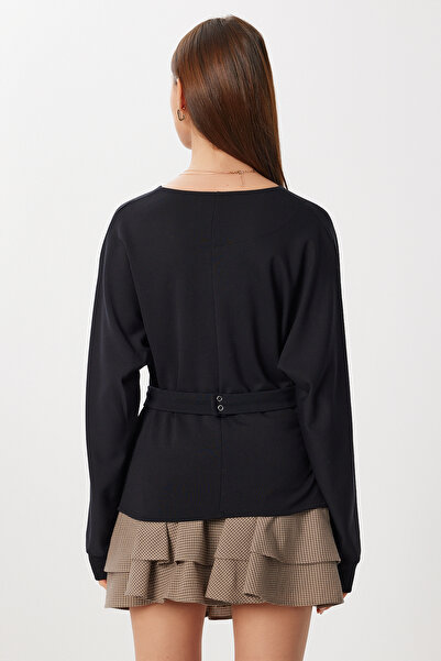 Lovelyİstanbul Double-Breasted Collar Belted Knitted Blouse Lfw0014 Black