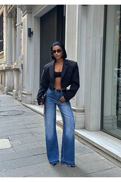 D'RECCY Women's Design Lace-Detail Wide Leg Jean Denim Pants