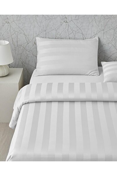 English Home Deluxe Striped Cotton Satin King Size Duvet Cover Set 240X220 cm Off White