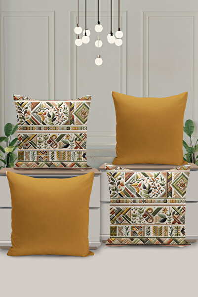 Filamente Husă pentru pernă cu imprimare digitală pe două fețe, 4 bucăți, aspect brodat, model mixt