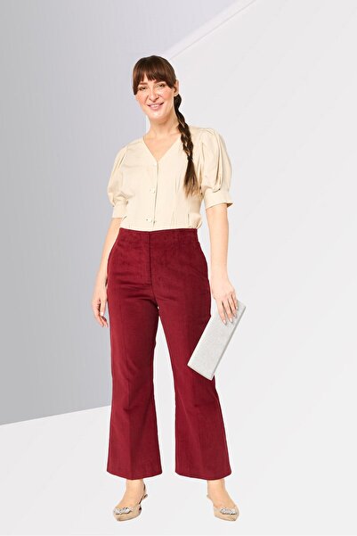 Lacoste Women Regular Fit Ribbed Wide Leg Pants, Maroon