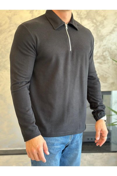 ECARTS Men's Zipper Detailed Corduroy Sweater Black Eca032