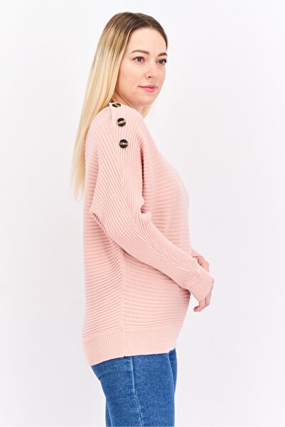 Poof Women Crew Neck Knitted Sweater, Pink