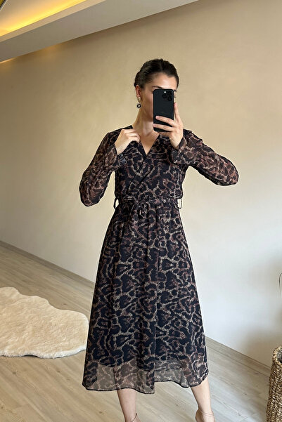 Neşeli Butik γυναικείο φόρεμα με λεοπάρ στάμπα με διπλό γιακά μίντι σιφόν NM020