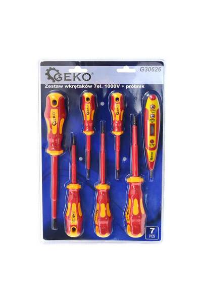 GEKO INSULATED SCREWDRIVER SET FOR ELECTRICIANS 1000V AND DIGITAL VOLTAGE TESTER 7 PIECES