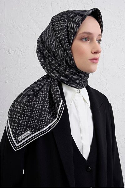 Armine Tivil Saf İpek Eşarp 9440 - 20 Siyah Puantiye Desen