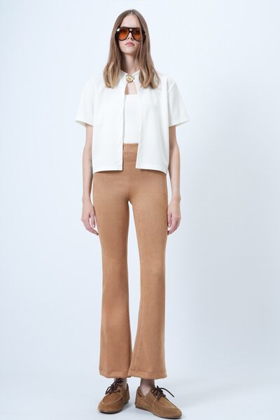 VAGGON Kadın Taba Beli Lastikli İspanyol Paça Süet Pantolon Vs01293