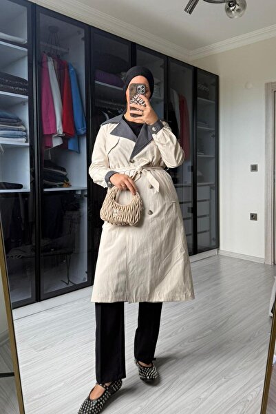 megapol giyim Women's Button Detailed Waist-Tied Trench Coat