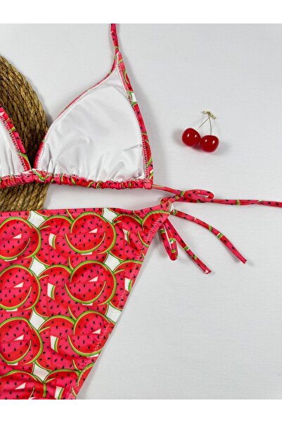 VAJESTO Kadın Kırmızı Üçgen Bikini Takım Likralı Esnek Yandan Boyundan Bağlamalı Şık İpli