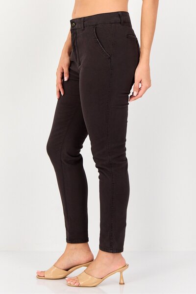 Reiko Women Tapered Fit Solid Chino Pants, Dark Brown