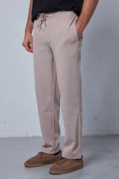 ablukaonline Men's Slim Fit Corduroy Elastic Waist Trousers Beige