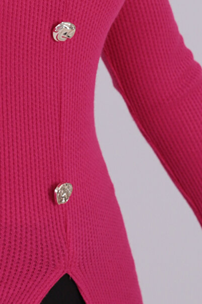 armonika Women's Fuchsia Wide Neckline Long Sleeve Front Slit Buttoned Blouse Arm-26K001008