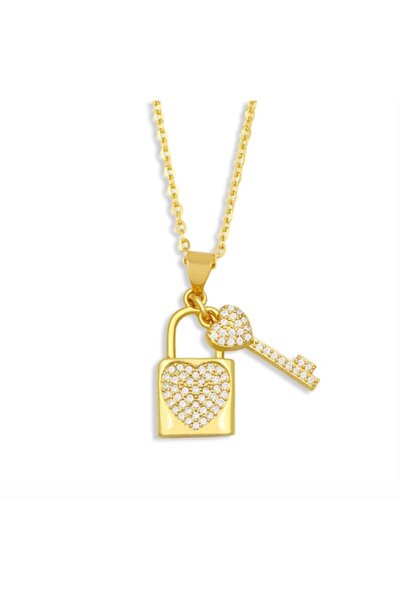 xUPING Colier și pandantiv cu lacăt și cheie, placate cu aur de 18K, pietre de zirconiu alb, aur