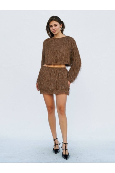 Elizar Moda Brown Fringed Blouse Skirt Set