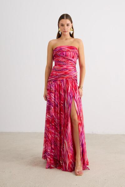 Carmen Fuşya Straplez Empirme Abiye Elbise