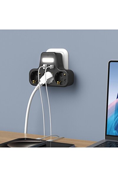 asua Çoklu Gece Lambalı Priz Yüksek Gerilim Korumalı 3'LÜ Priz 2XUSB 2XType-C Çıkışlı Grup Priz Çoğaltıcı