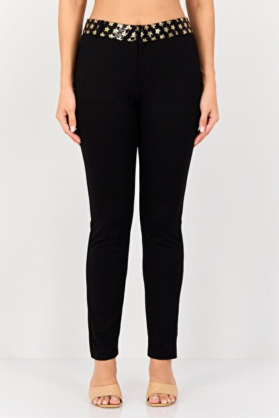 Reiko Women Cigarette Fit Sequin Embellished Straight Leg Pants, Black