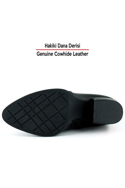 Erkan Saçmacı Black Genuine Cowhide Leather Buckle Zippered Pointed Toe Thick Heeled Casual Boots