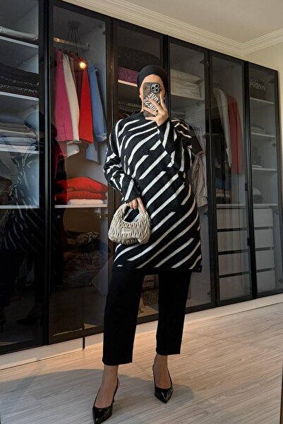 megapol giyim Women's Black Stripe Detailed Bearded Long Sweater