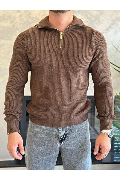 ECARTS Men's Zipper Detailed Knitted Sweater Brown Eca031