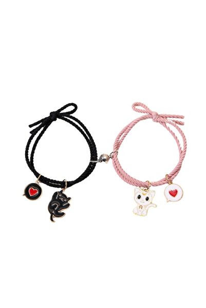 Tessero Set of two magnetic string bracelets for friends, handmade, animated charms with cats, Best friends,