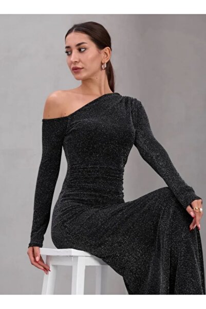 Elizar Moda Gray Silvery Off-Shoulder Dress