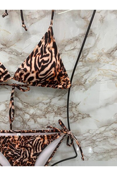 VAJESTO Kadın Kahverengi Leopar Desen Üçgen Bikini Takım Likralı Esnek Yandan Boyundan Bağlamalı Şık İpli