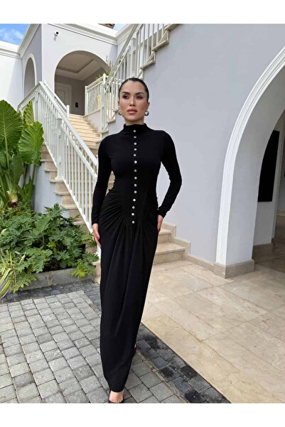 ROUPAS COLLECTİON Omuz Vatkalı Boğaz Düğmeli Elbise
