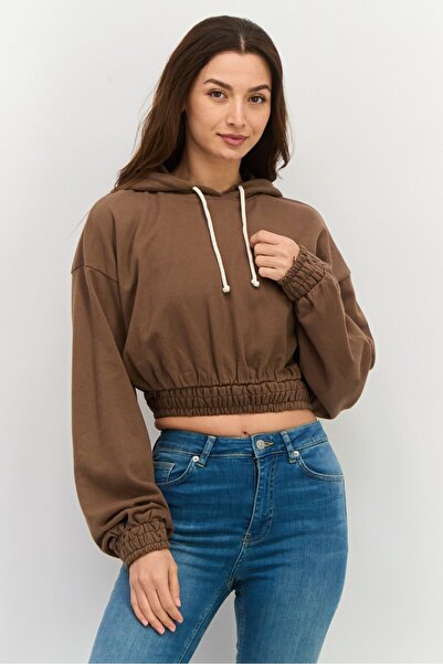 NIA Women Solid Smocked Crop Hoodie, Brown