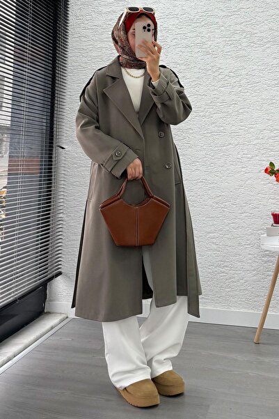 MELEK ARAZ Premium Omuz Kuşaklı Uzun Trençkot – Haki