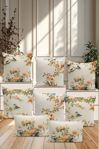 Filamente 8 li Çift Taraflı Dijital Baskı Kırlent Kılıfı Nakış Görünümlü Çiçek/Kuş Desenli