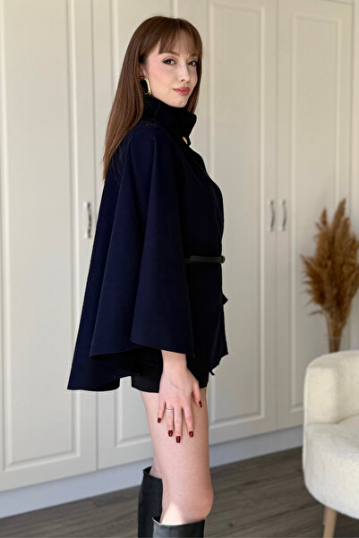 Dilay Gökoğlu Butik Black Cashmere Poncho with Detachable Belt and Gold Buttons