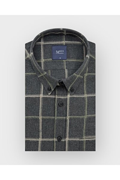 KAMER Men's Regular Fit Winter Long Sleeve Button-Up Collar Single Pocket Plaid Smoked Shirt 3845F