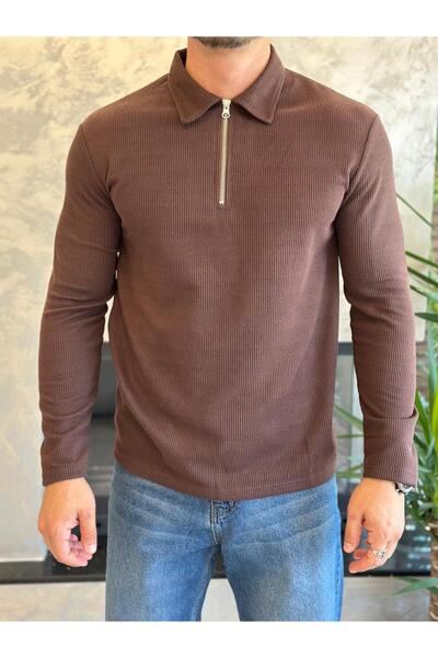 ECARTS Men's Zipper Detailed Corduroy Textured Sweater Bitter Brown Eca032