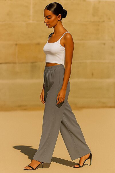 dk denemekabini Women's High Waist Latex Waistband Palazzo Pants - Gray