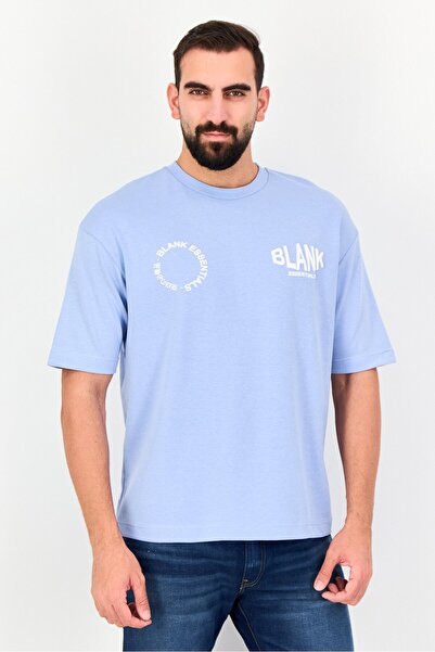 BLANK ESSENTIALS Men Crew Neck Short Sleeve Brand Logo T-Shirt, Light Blue