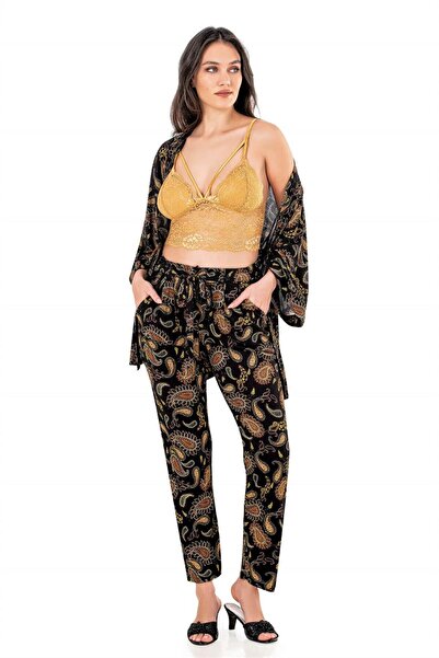 FLZ KADIN YAZLIK BRALETLİ SABAHLIKLI PİJAMA ÜÇLÜ TAKIM HOMEWEAR 31-66