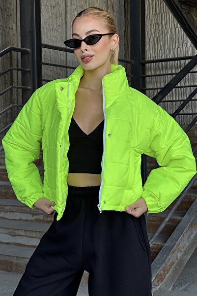 VAGGON Women's Neon Green Stand Collar Inflatable Jacket with Snap Fasteners and Zipper Closure Vs01301