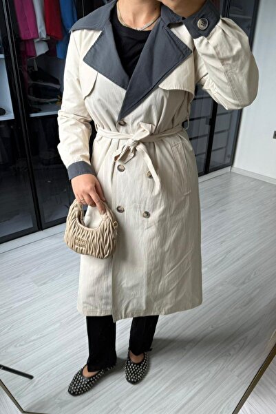 megapol giyim Women's Button Detailed Waist-Tied Trench Coat