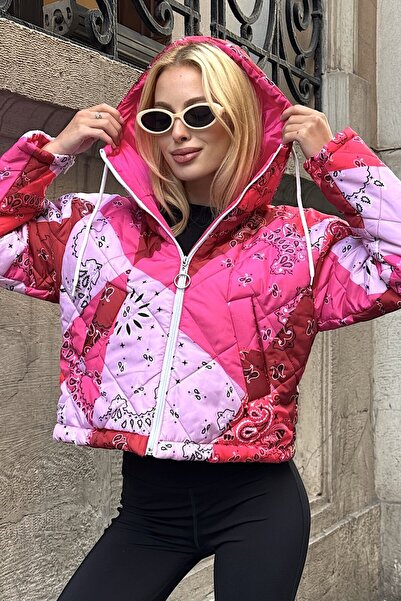 VAGGON Women's Pink Hooded Zippered Quilted Puffer Jacket Vs01300