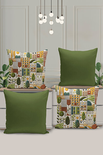 Filamente 4 lü Çift Taraflı Dijital Baskı Kırlent Kılıfı Nakış Görünümlü Karışık Desenli