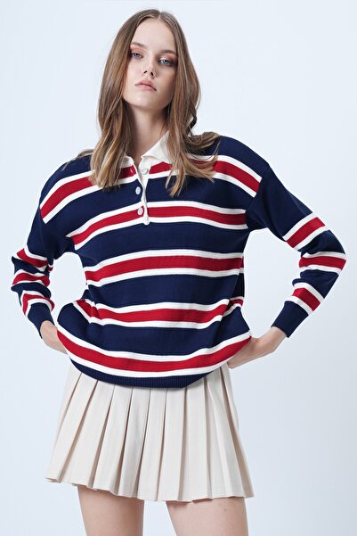 VAGGON Women's Navy Blue Polo Neck Striped Knit Sweater Vs01029