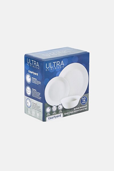 Gibson Home Gibson X Ultra Courtyard 12 Piece Break Resistant Opal Glass Dinner Set, White