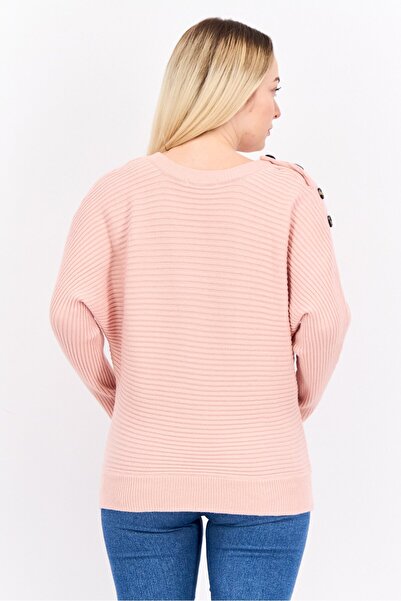 Poof Women Crew Neck Knitted Sweater, Pink
