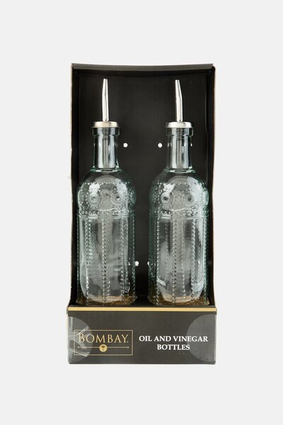 Bombay 2 Pcs Glass Oil And Vinegar Bottles, Silver