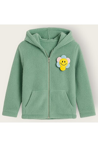 Hirazenmoda Girl's Oversize Plush Cardigan with Daisy Accessories, Zippered Pockets and Hood